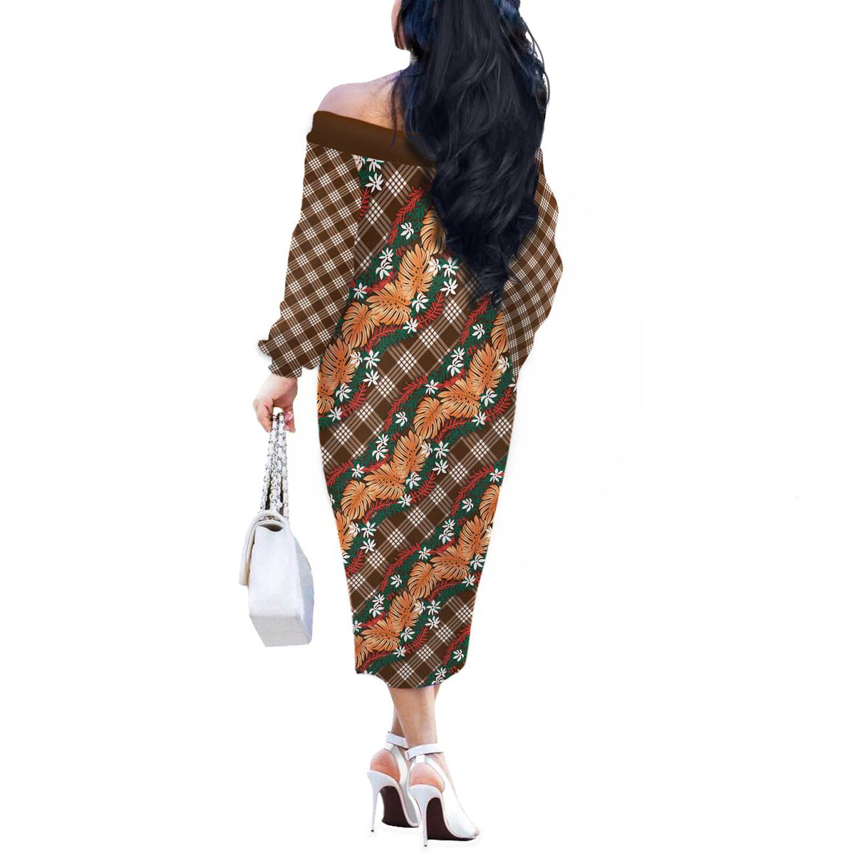 Polynesian Monstera Tiare Floral Off The Shoulder Long Sleeve Dress Chocolate Brown Tropical Plaid LT01 - Polynesian Pride