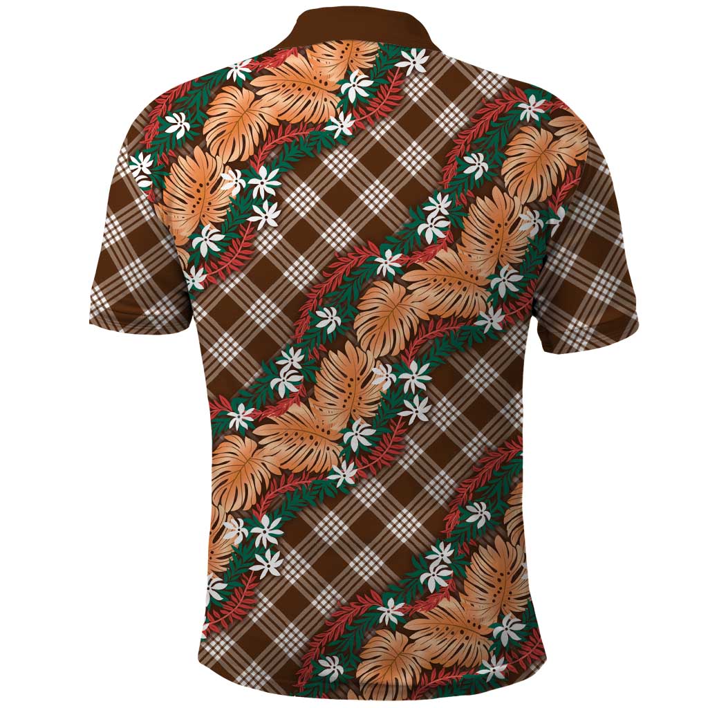 Polynesian Monstera Tiare Floral Polo Shirt Chocolate Brown Tropical Plaid LT01 - Polynesian Pride