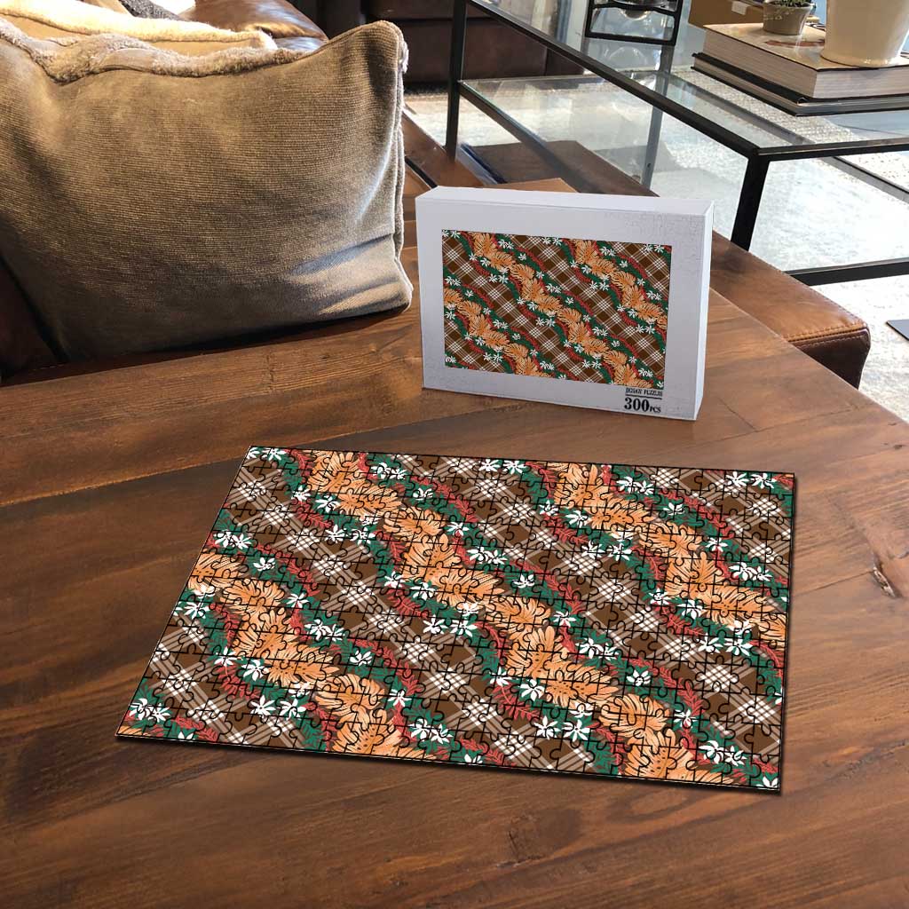 Polynesian Monstera Tiare Floral Puzzle Chocolate Brown Tropical Plaid - Polynesian Pride