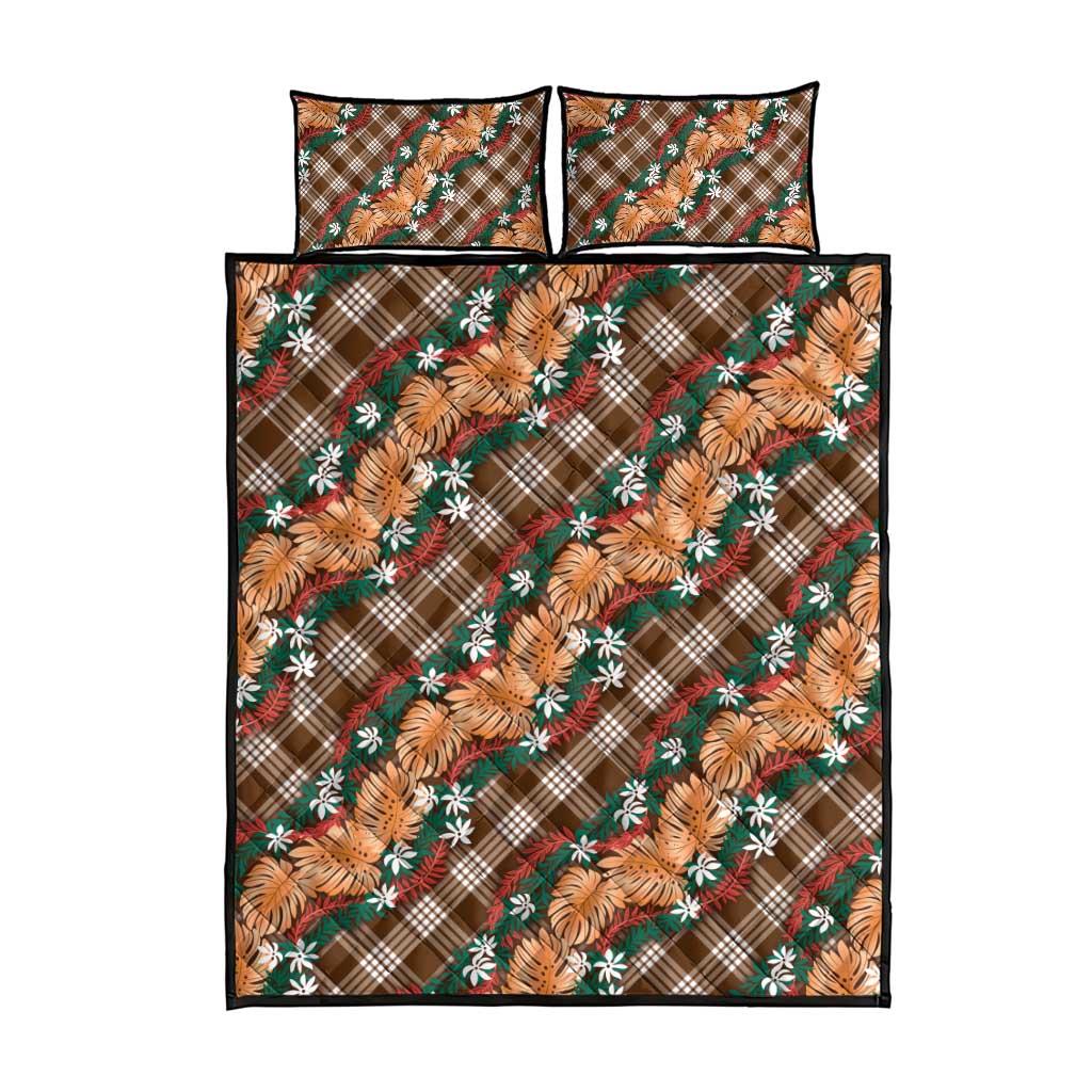 Polynesian Monstera Tiare Floral Quilt Bed Set Chocolate Brown Tropical Plaid - Polynesian Pride