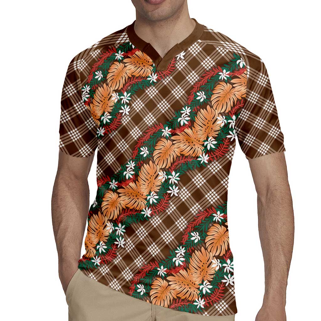 Polynesian Monstera Tiare Floral Rugby Jersey Chocolate Brown Tropical Plaid LT01 - Polynesian Pride