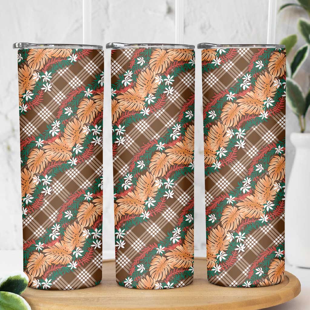 Polynesian Monstera Tiare Floral Skinny Tumbler Chocolate Brown Tropical Plaid - Polynesian Pride