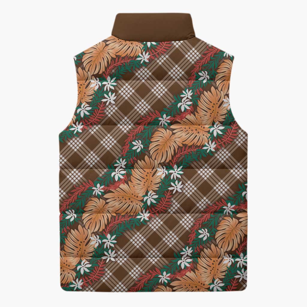 Polynesian Monstera Tiare Floral Sleeveless Puffer Jacket Chocolate Brown Tropical Plaid LT01 - Polynesian Pride
