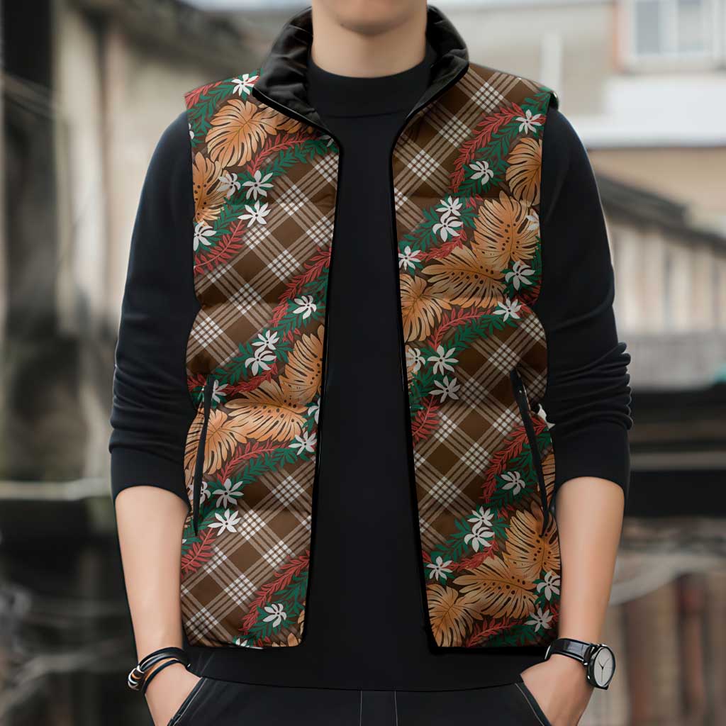 Polynesian Monstera Tiare Floral Sleeveless Puffer Jacket Chocolate Brown Tropical Plaid LT01 - Polynesian Pride