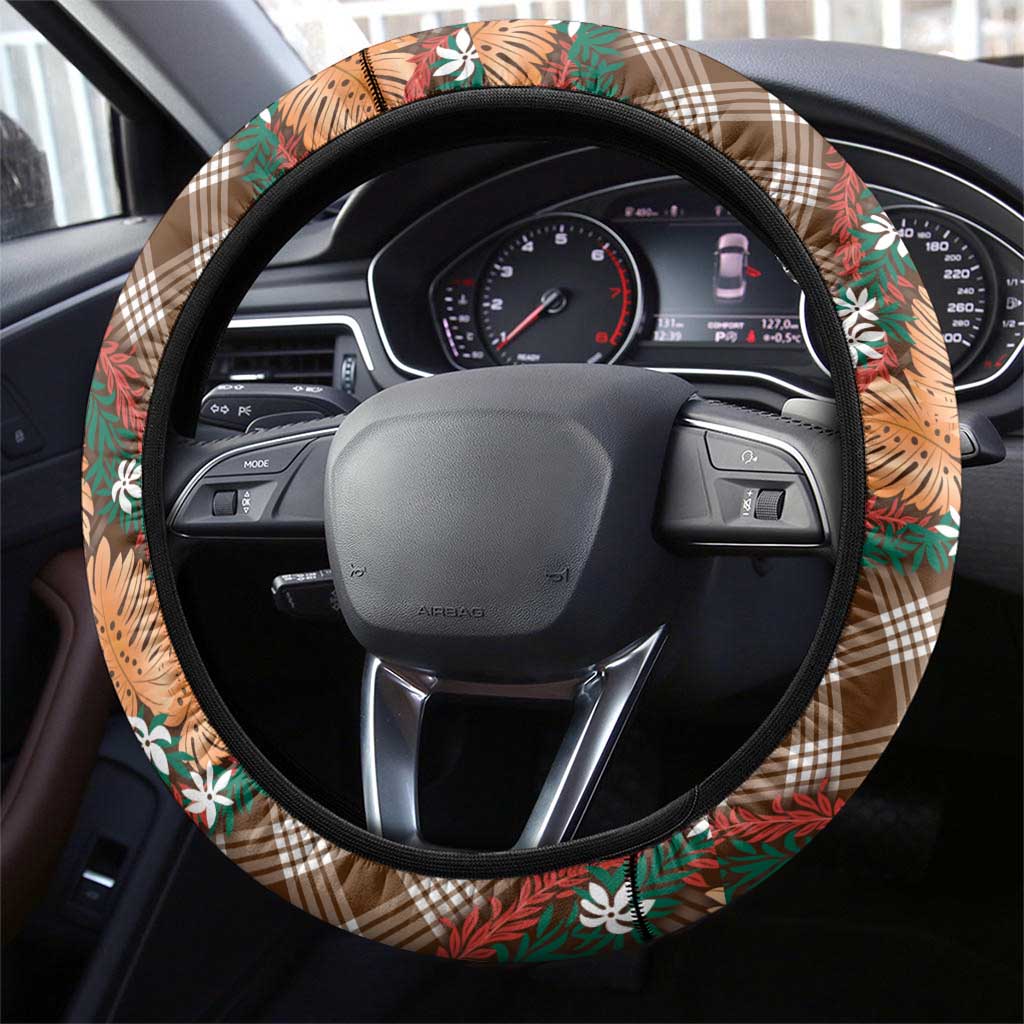 Polynesian Monstera Tiare Floral Steering Wheel Cover Chocolate Brown Tropical Plaid LT01 - Polynesian Pride