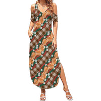 Polynesian Monstera Tiare Floral Summer Maxi Dress Chocolate Brown Tropical Plaid - Polynesian Pride