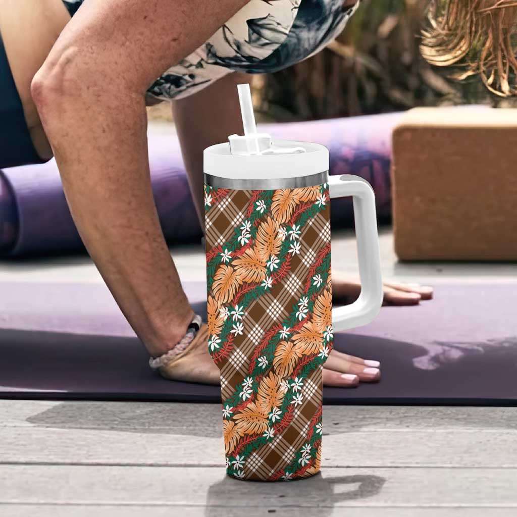 Polynesian Monstera Tiare Floral Tumbler With Handle Chocolate Brown Tropical Plaid - Polynesian Pride