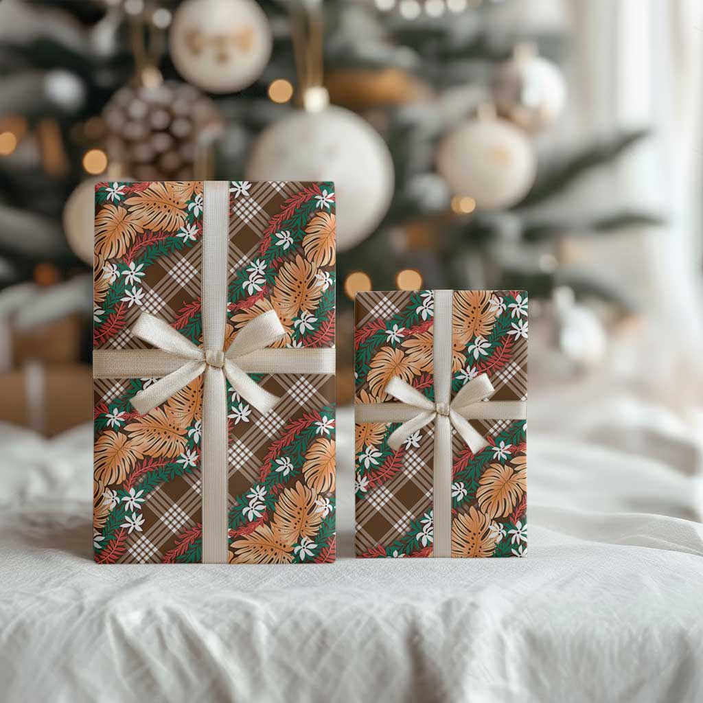 Polynesian Monstera Tiare Floral Wrapping Paper Chocolate Brown Tropical Plaid - Polynesian Pride