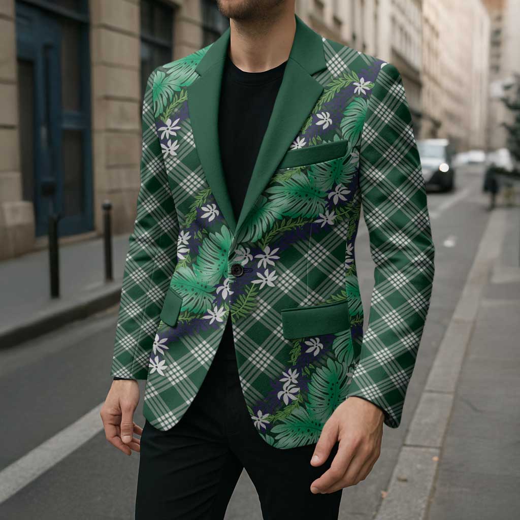 Polynesian Monstera Tiare Floral Blazer Forest Green Tropical Plaid - Polynesian Pride