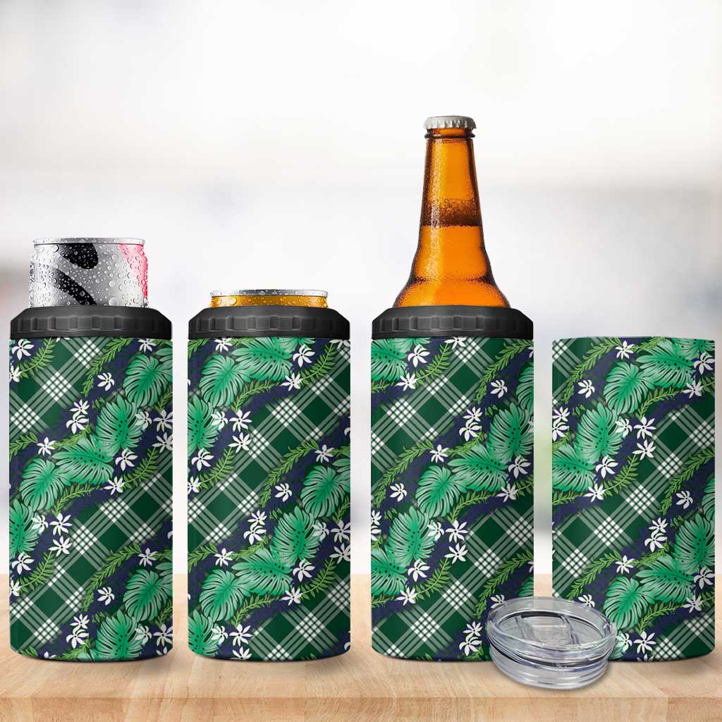 Polynesian Monstera Tiare Floral 4 in 1 Can Cooler Tumbler Forest Green Tropical Plaid LT01 - Polynesian Pride