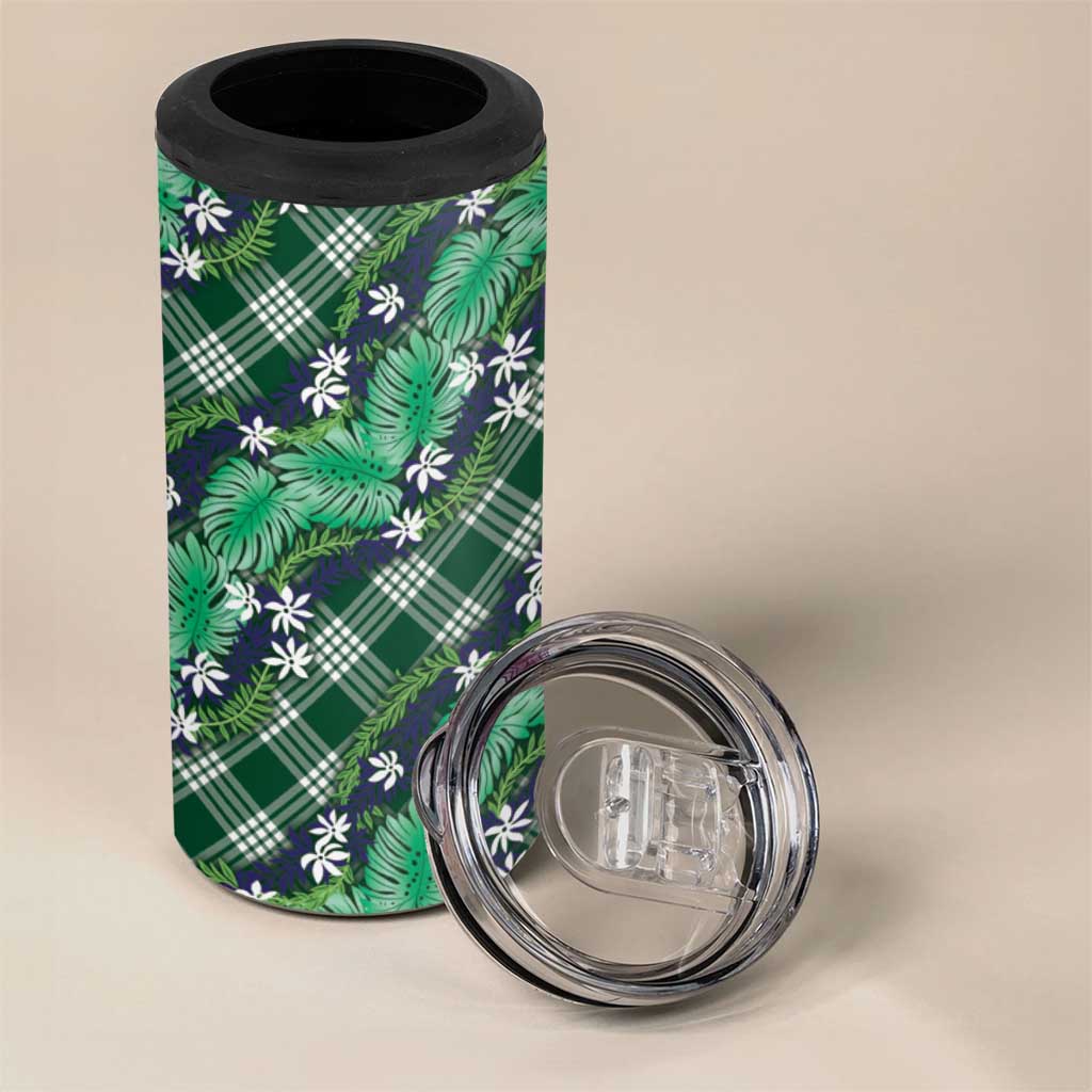 Polynesian Monstera Tiare Floral 4 in 1 Can Cooler Tumbler Forest Green Tropical Plaid LT01 - Polynesian Pride
