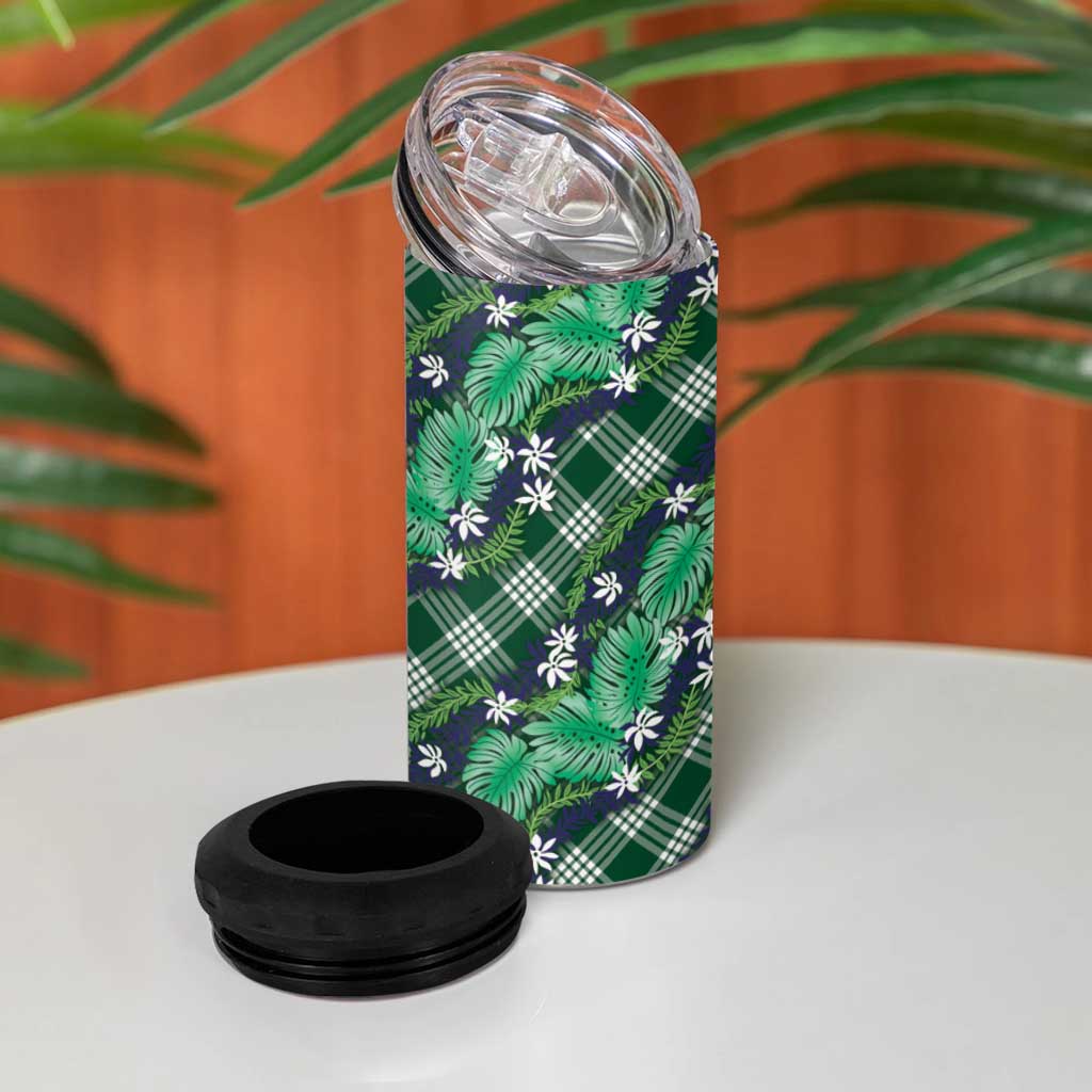 Polynesian Monstera Tiare Floral 4 in 1 Can Cooler Tumbler Forest Green Tropical Plaid LT01 - Polynesian Pride