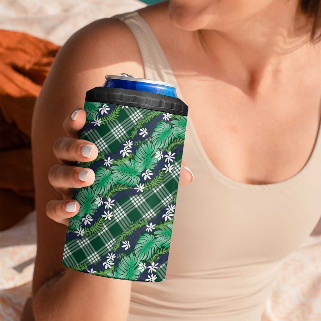 Polynesian Monstera Tiare Floral 4 in 1 Can Cooler Tumbler Forest Green Tropical Plaid LT01 - Polynesian Pride