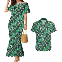 Polynesian Monstera Tiare Floral Couples Matching Mermaid Dress and Hawaiian Shirt Forest Green Tropical Plaid LT01 Green - Polynesian Pride