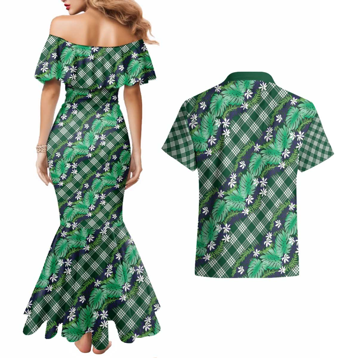 Polynesian Monstera Tiare Floral Couples Matching Mermaid Dress and Hawaiian Shirt Forest Green Tropical Plaid LT01 - Polynesian Pride