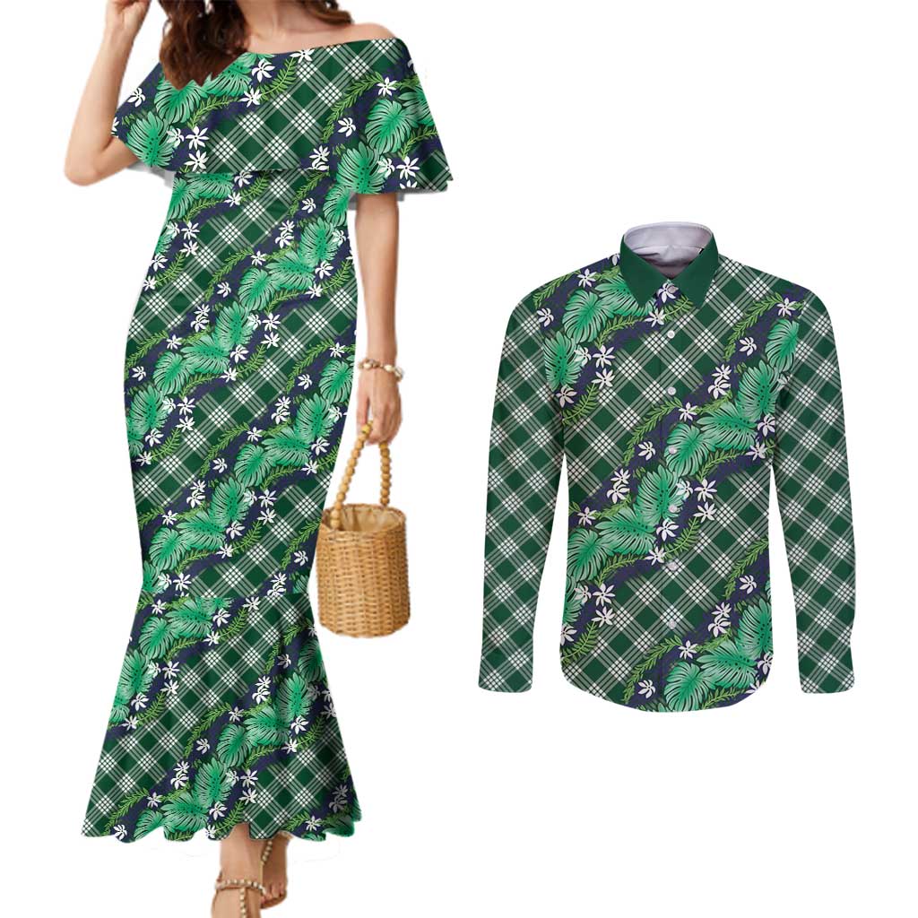 Polynesian Monstera Tiare Floral Couples Matching Mermaid Dress and Long Sleeve Button Shirt Forest Green Tropical Plaid LT01 Green - Polynesian Pride