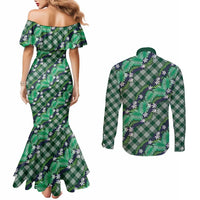 Polynesian Monstera Tiare Floral Couples Matching Mermaid Dress and Long Sleeve Button Shirt Forest Green Tropical Plaid LT01 - Polynesian Pride