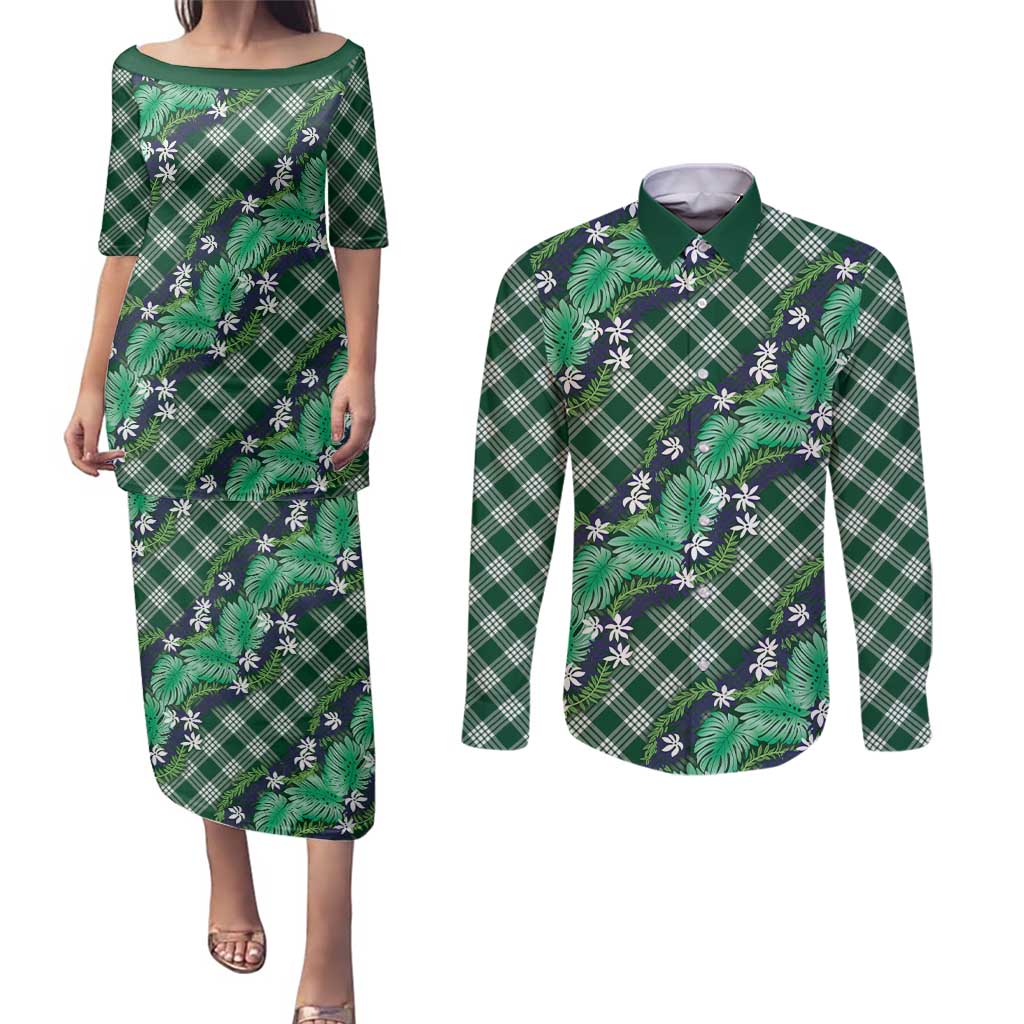Polynesian Monstera Tiare Floral Couples Matching Puletasi and Long Sleeve Button Shirt Forest Green Tropical Plaid - Polynesian Pride