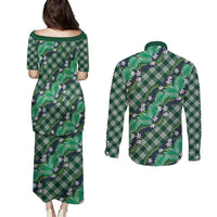 Polynesian Monstera Tiare Floral Couples Matching Puletasi and Long Sleeve Button Shirt Forest Green Tropical Plaid LT01 - Polynesian Pride