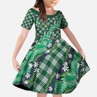 Polynesian Monstera Tiare Floral Family Matching Off Shoulder Maxi Dress and Hawaiian Shirt Forest Green Tropical Plaid - Polynesian Pride