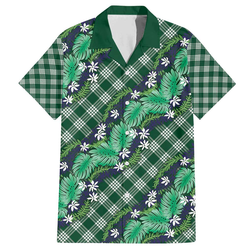 Polynesian Monstera Tiare Floral Family Matching Off Shoulder Maxi Dress and Hawaiian Shirt Forest Green Tropical Plaid - Polynesian Pride