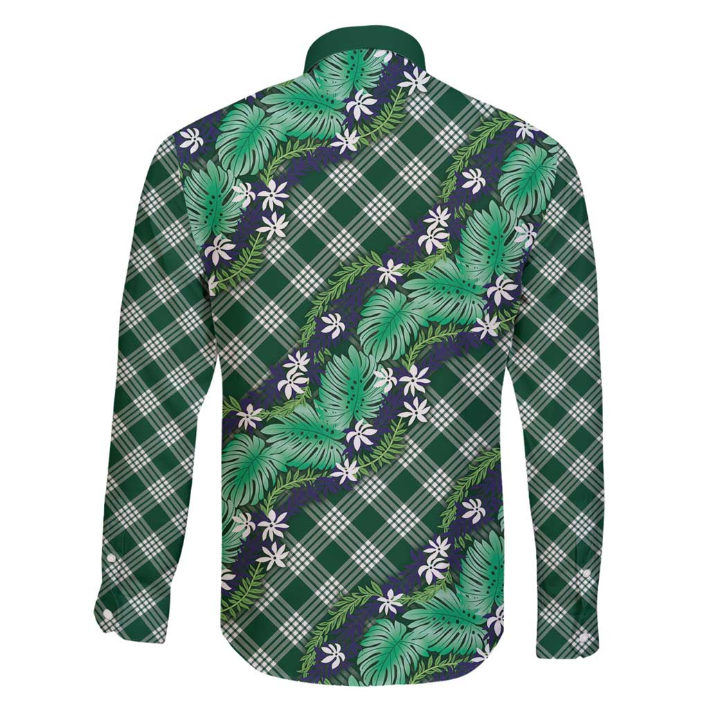Polynesian Monstera Tiare Floral Family Matching Off Shoulder Short Dress and Hawaiian Shirt Forest Green Tropical Plaid - Polynesian Pride
