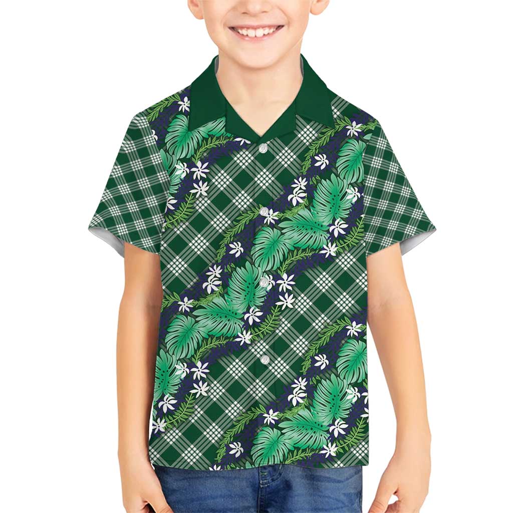 Polynesian Monstera Tiare Floral Family Matching Off Shoulder Short Dress and Hawaiian Shirt Forest Green Tropical Plaid - Polynesian Pride
