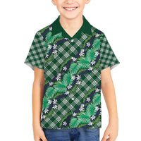 Polynesian Monstera Tiare Floral Family Matching Off Shoulder Short Dress and Hawaiian Shirt Forest Green Tropical Plaid - Polynesian Pride