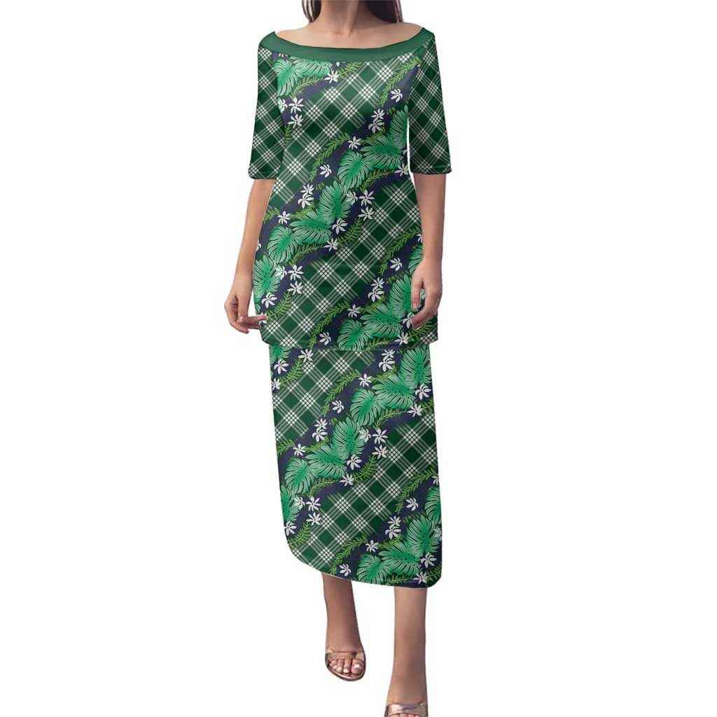 Polynesian Monstera Tiare Floral Family Matching Puletasi and Hawaiian Shirt Forest Green Tropical Plaid - Polynesian Pride