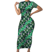 Polynesian Monstera Tiare Floral Family Matching Short Sleeve Bodycon Dress and Hawaiian Shirt Forest Green Tropical Plaid - Polynesian Pride