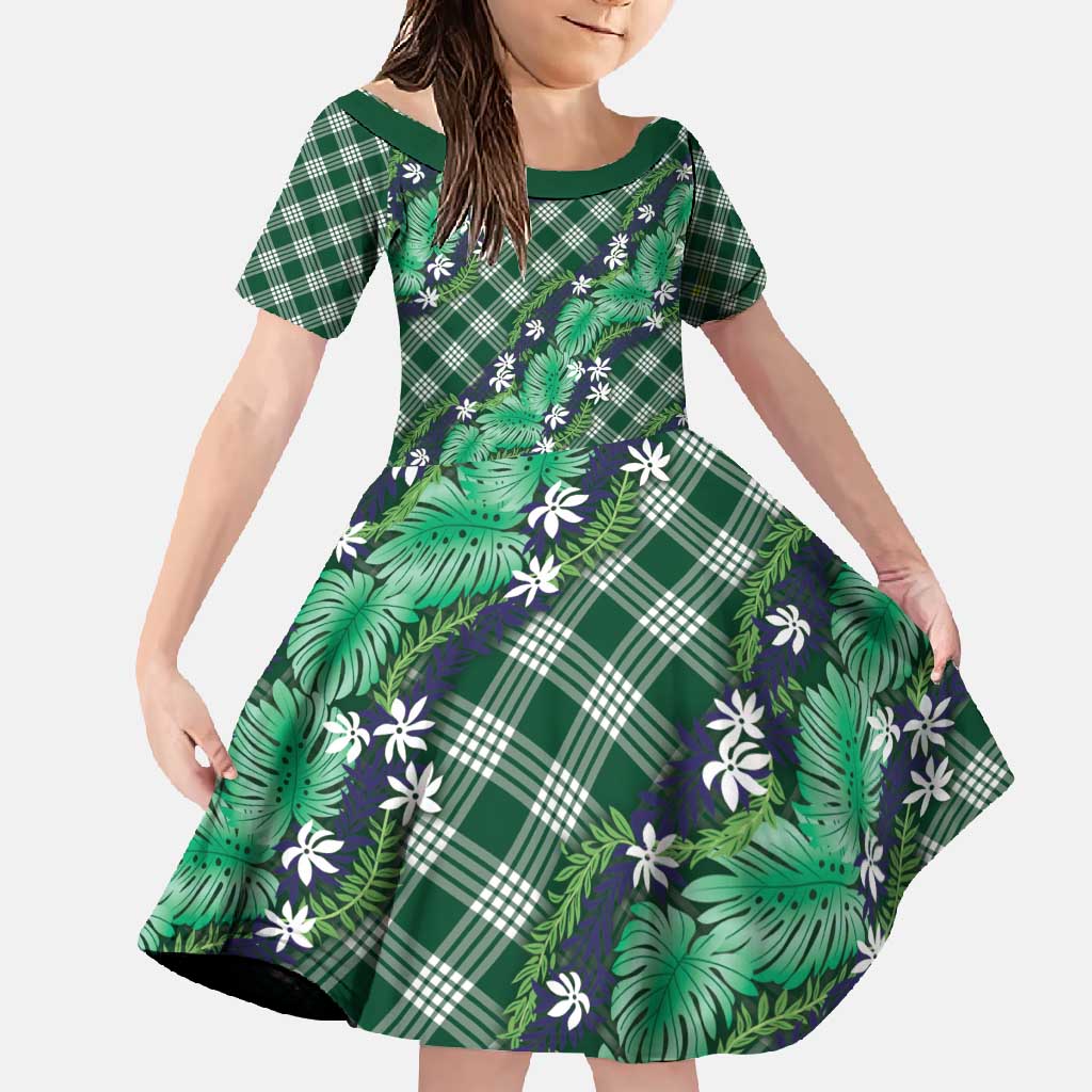 Polynesian Monstera Tiare Floral Family Matching Summer Maxi Dress and Hawaiian Shirt Forest Green Tropical Plaid - Polynesian Pride
