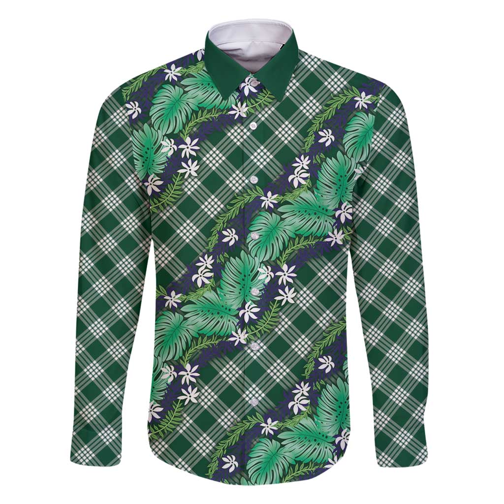 Polynesian Monstera Tiare Floral Family Matching Summer Maxi Dress and Hawaiian Shirt Forest Green Tropical Plaid - Polynesian Pride