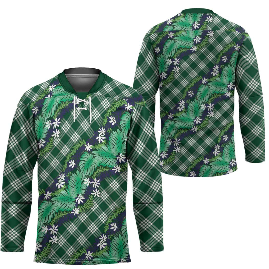 Polynesian Monstera Tiare Floral Hockey Jersey Forest Green Tropical Plaid - Polynesian Pride