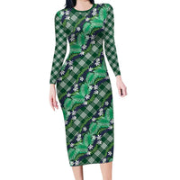 Polynesian Monstera Tiare Floral Long Sleeve Bodycon Dress Forest Green Tropical Plaid LT01 Long Dress Green - Polynesian Pride