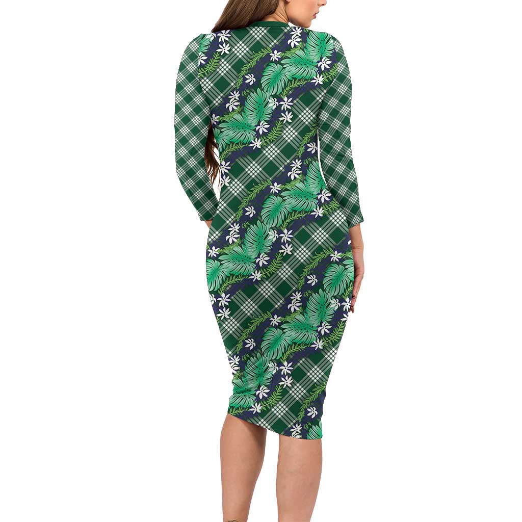 Polynesian Monstera Tiare Floral Long Sleeve Bodycon Dress Forest Green Tropical Plaid LT01 - Polynesian Pride