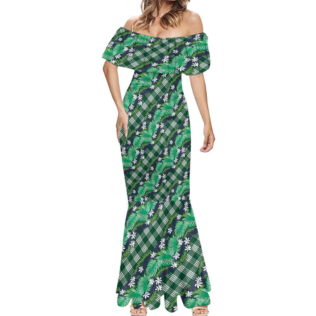Polynesian Monstera Tiare Floral Mermaid Dress Forest Green Tropical Plaid LT01 - Polynesian Pride