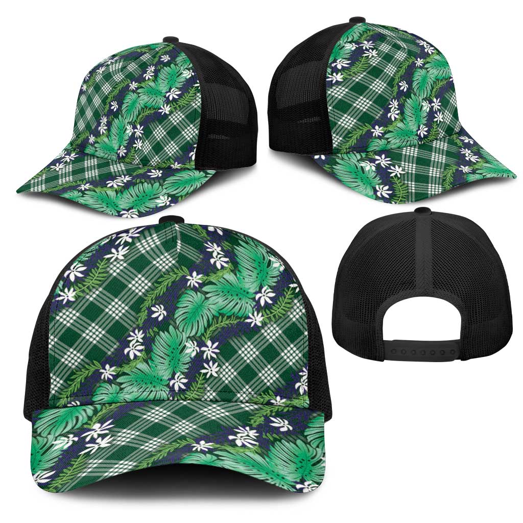 Polynesian Monstera Tiare Floral Mesh Trucker Cap Forest Green Tropical Plaid - Polynesian Pride