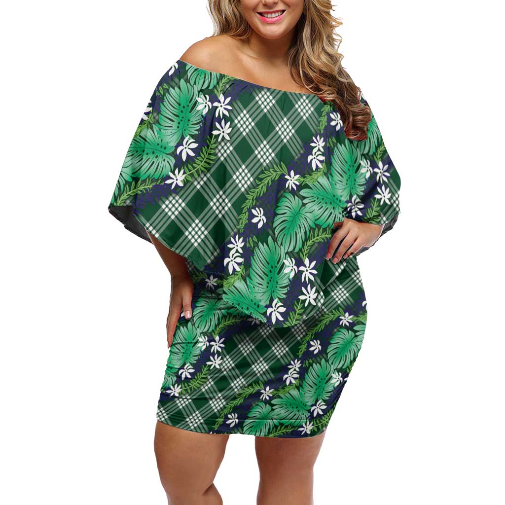 Polynesian Monstera Tiare Floral Off Shoulder Short Dress Forest Green Tropical Plaid LT01 Women Green - Polynesian Pride