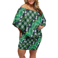 Polynesian Monstera Tiare Floral Off Shoulder Short Dress Forest Green Tropical Plaid LT01 Women Green - Polynesian Pride