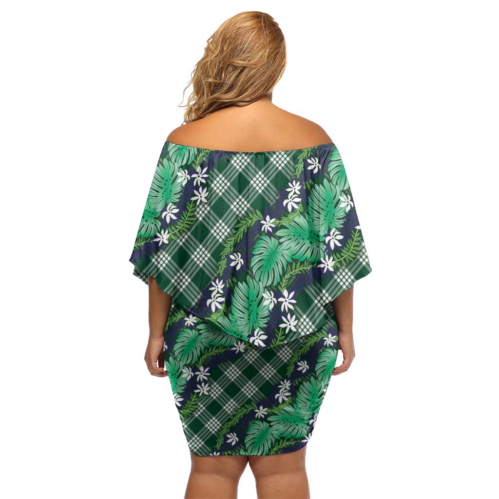 Polynesian Monstera Tiare Floral Off Shoulder Short Dress Forest Green Tropical Plaid LT01 - Polynesian Pride