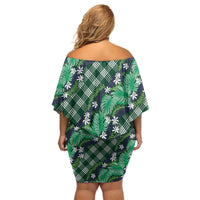 Polynesian Monstera Tiare Floral Off Shoulder Short Dress Forest Green Tropical Plaid LT01 - Polynesian Pride
