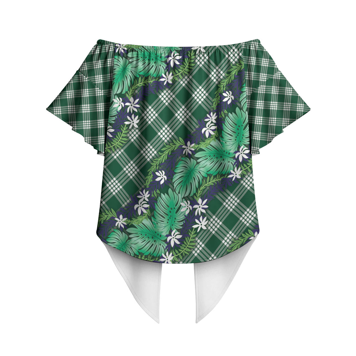 Polynesian Monstera Tiare Floral Off Shoulder Wrap Waist Top Forest Green Tropical Plaid LT01 - Polynesian Pride