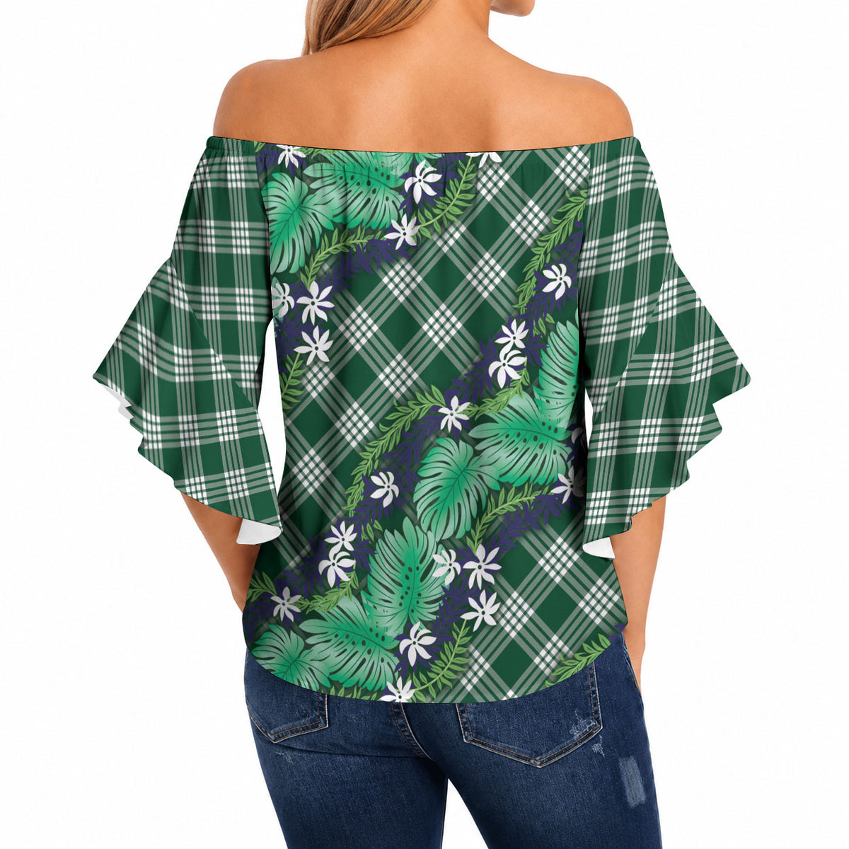Polynesian Monstera Tiare Floral Off Shoulder Wrap Waist Top Forest Green Tropical Plaid LT01 - Polynesian Pride