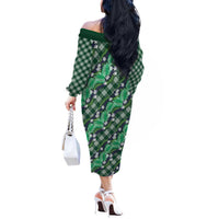 Polynesian Monstera Tiare Floral Off The Shoulder Long Sleeve Dress Forest Green Tropical Plaid LT01 - Polynesian Pride