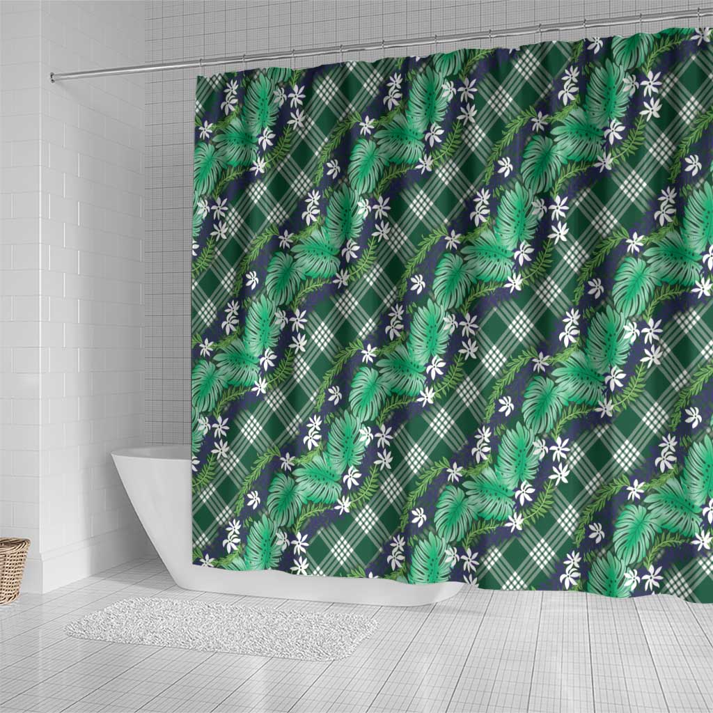 Polynesian Monstera Tiare Floral Shower Curtain Forest Green Tropical Plaid LT01 - Polynesian Pride
