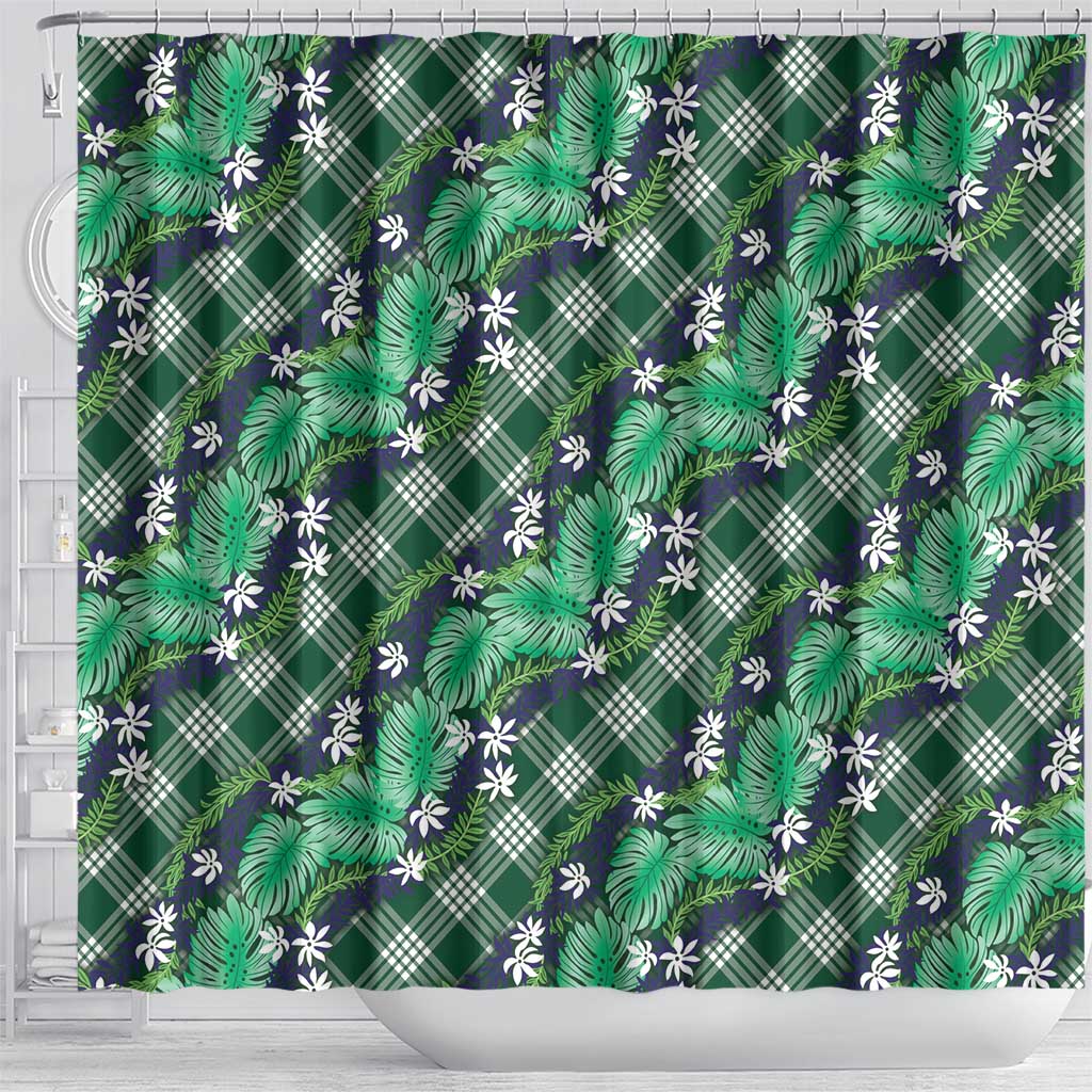 Polynesian Monstera Tiare Floral Shower Curtain Forest Green Tropical Plaid LT01 - Polynesian Pride