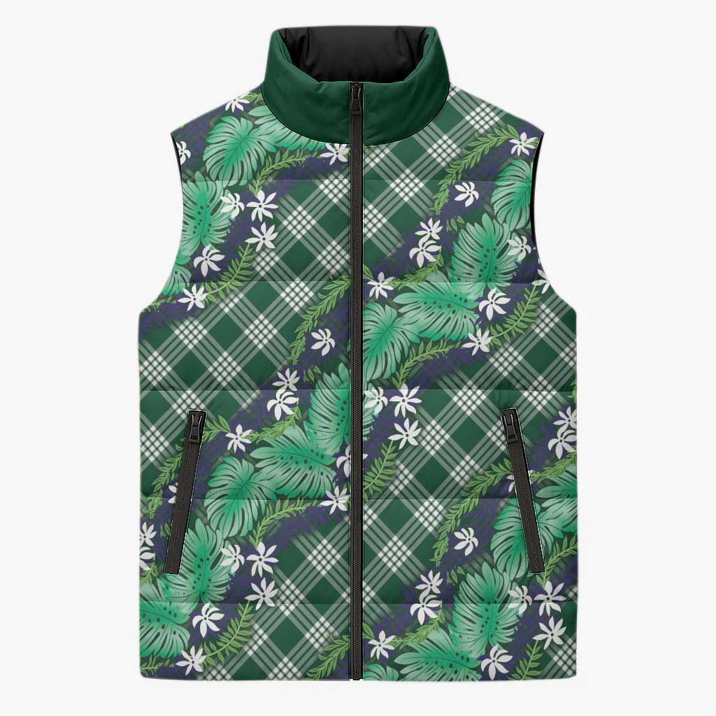 Polynesian Monstera Tiare Floral Sleeveless Puffer Jacket Forest Green Tropical Plaid LT01 Unisex Green - Polynesian Pride