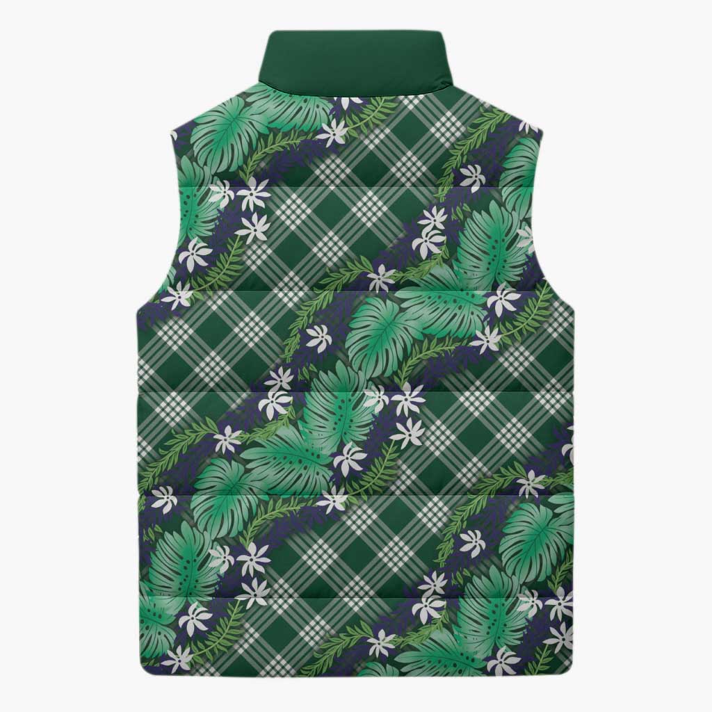 Polynesian Monstera Tiare Floral Sleeveless Puffer Jacket Forest Green Tropical Plaid LT01 - Polynesian Pride