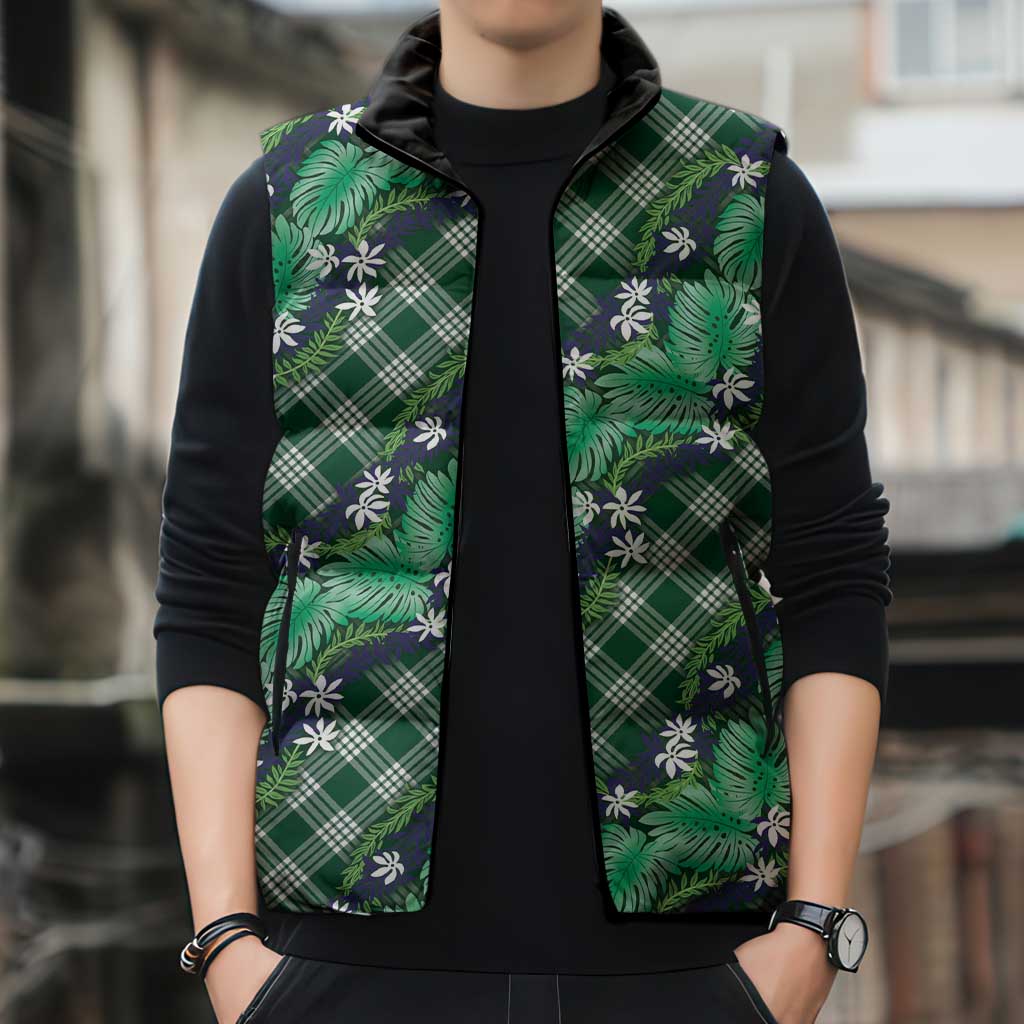 Polynesian Monstera Tiare Floral Sleeveless Puffer Jacket Forest Green Tropical Plaid LT01 - Polynesian Pride