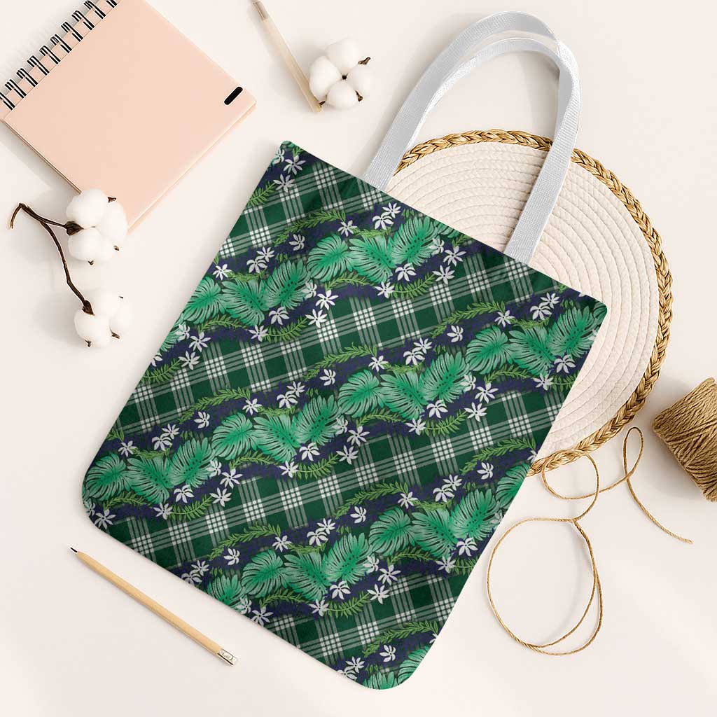 Polynesian Monstera Tiare Floral Tote Bag Forest Green Tropical Plaid - Polynesian Pride